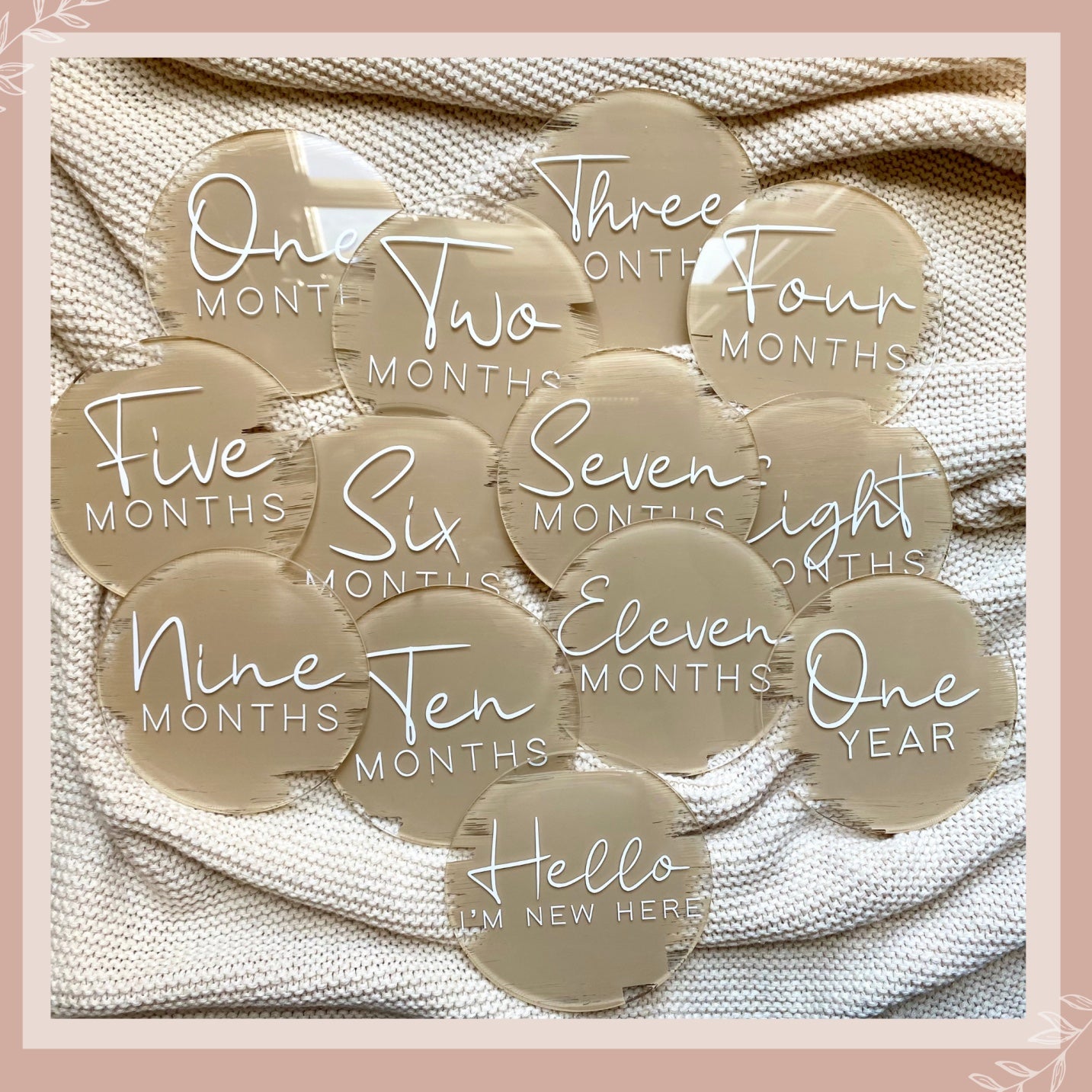 newborn, baby, milestone, acrylic disc, floral, announcement plaque, baby announcement plaques, pregnancy, Australia, keepsake, customisable, hello, hello fern, cmc gold, blossom and pear, pretty little designs