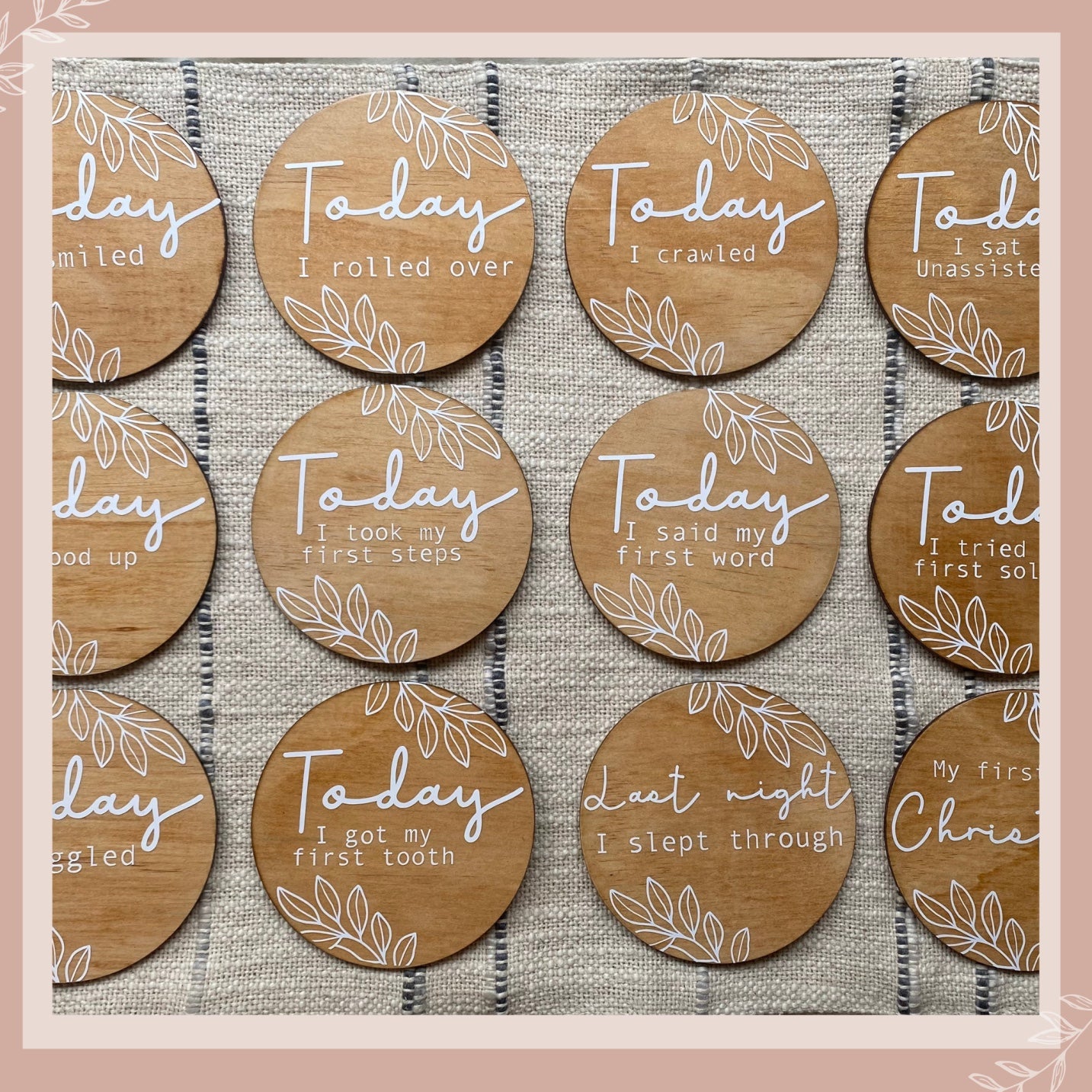 first, my first,newborn, baby, milestone, wooden disc, floral, announcement plaque, baby announcement plaques, pregnancy, Australia, keepsake, customisable, hello, hello fern, cmc gold, blossom and pear, pretty little designs,