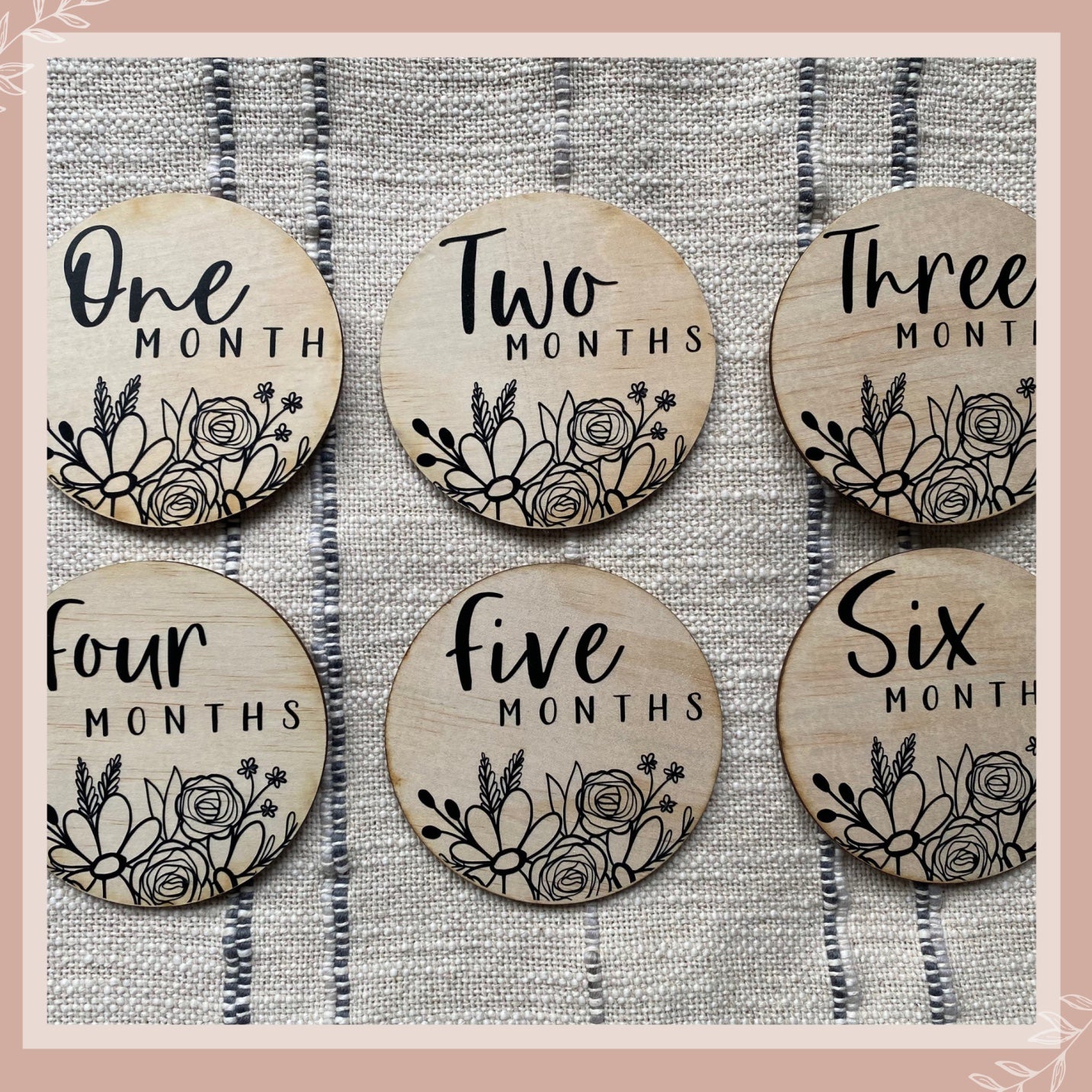 newborn, baby, milestone, wooden disc, floral, announcement plaque, baby announcement plaques, pregnancy, Australia, keepsake, customisable, hello, hello fern, cmc gold, blossom and pear, pretty little designs,