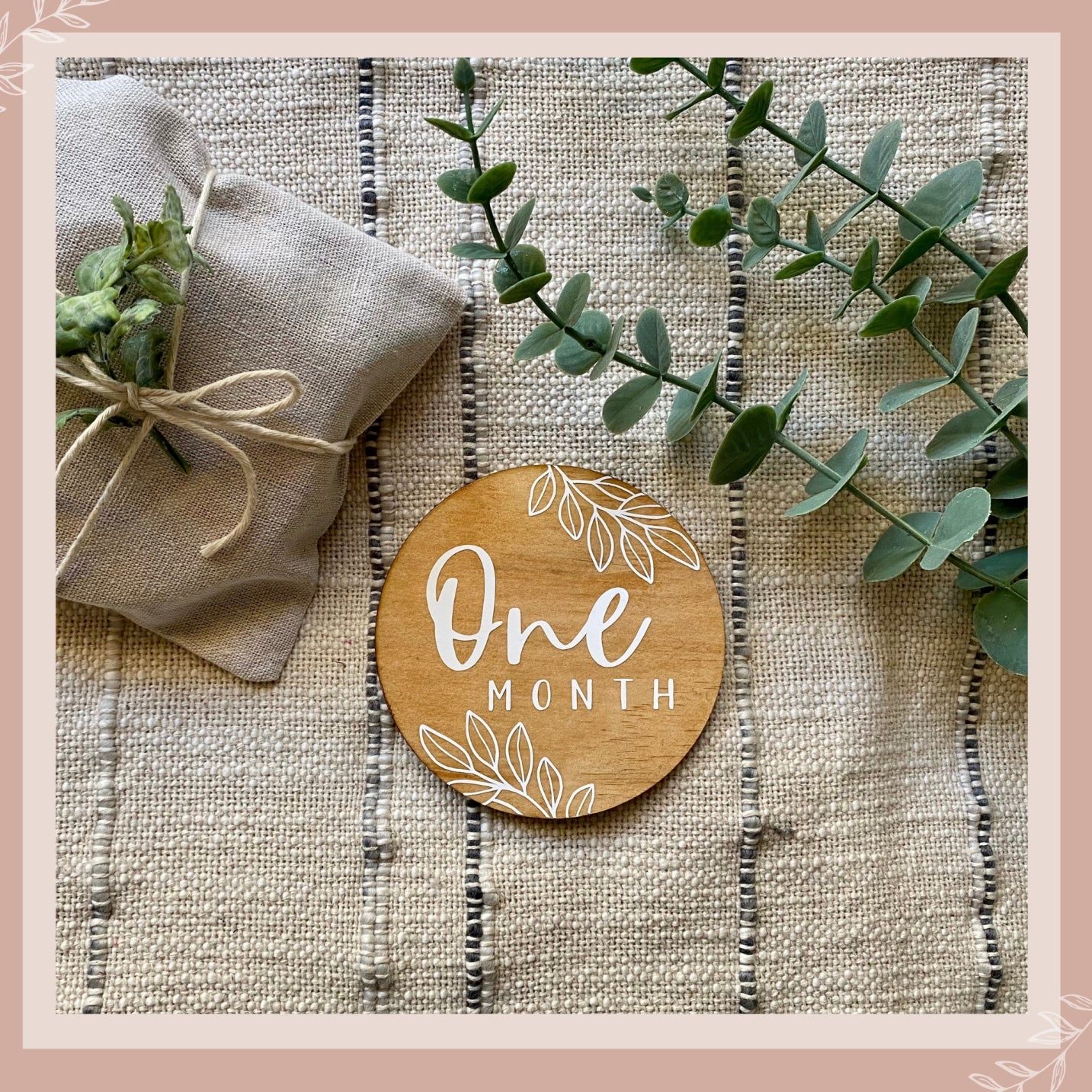 newborn, baby, milestone, wooden disc, floral, announcement plaque, baby announcement plaques, pregnancy, Australia, keepsake, customisable, hello, hello fern, cmc gold, blossom and pear, pretty little designs, wooden milestone cards, wood milestone discs, timber discs