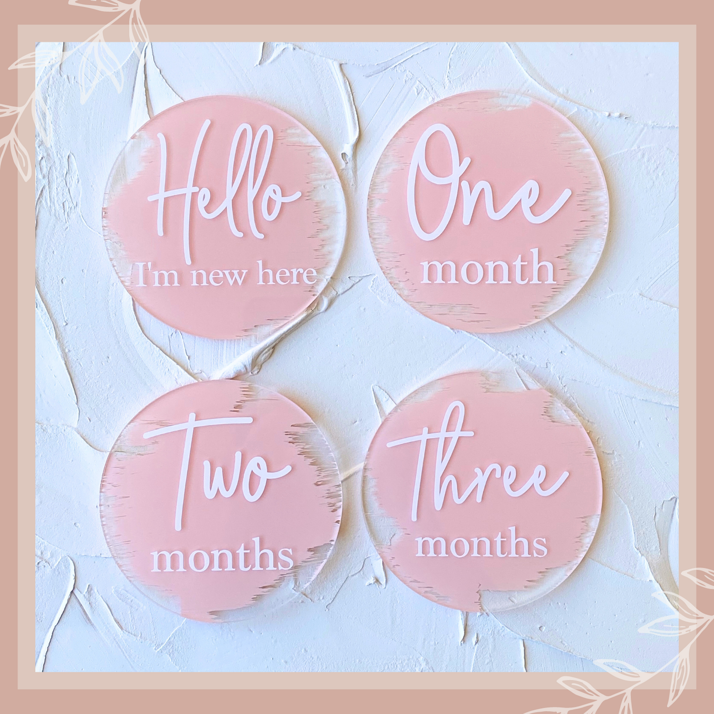 newborn, baby, milestone, acrylic disc, floral, announcement plaque, baby announcement plaques, pregnancy, Australia, keepsake, customisable, hello, hello fern, cmc gold, blossom and pear, pretty little designs