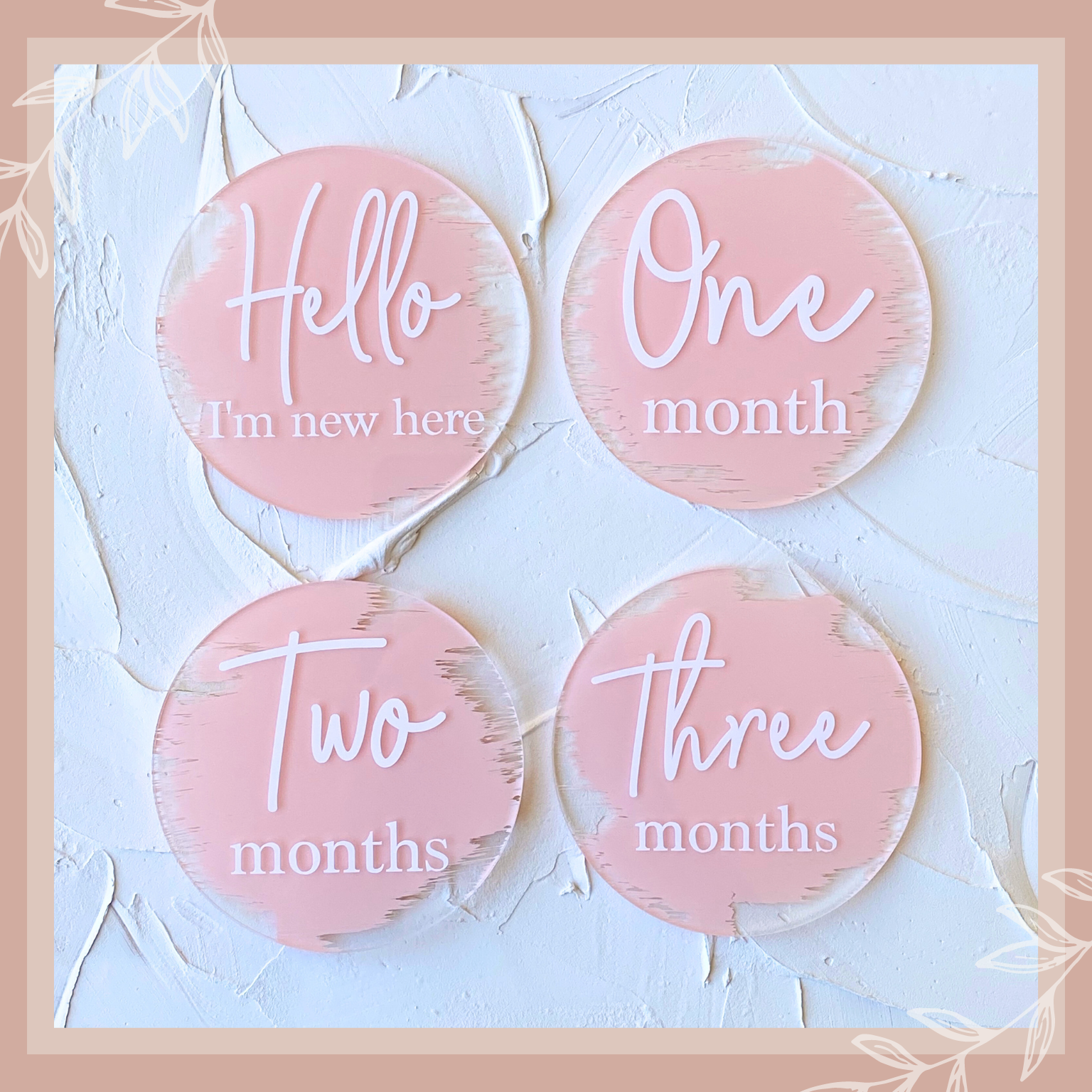 newborn, baby, milestone, acrylic disc, floral, announcement plaque, baby announcement plaques, pregnancy, Australia, keepsake, customisable, hello, hello fern, cmc gold, blossom and pear, pretty little designs