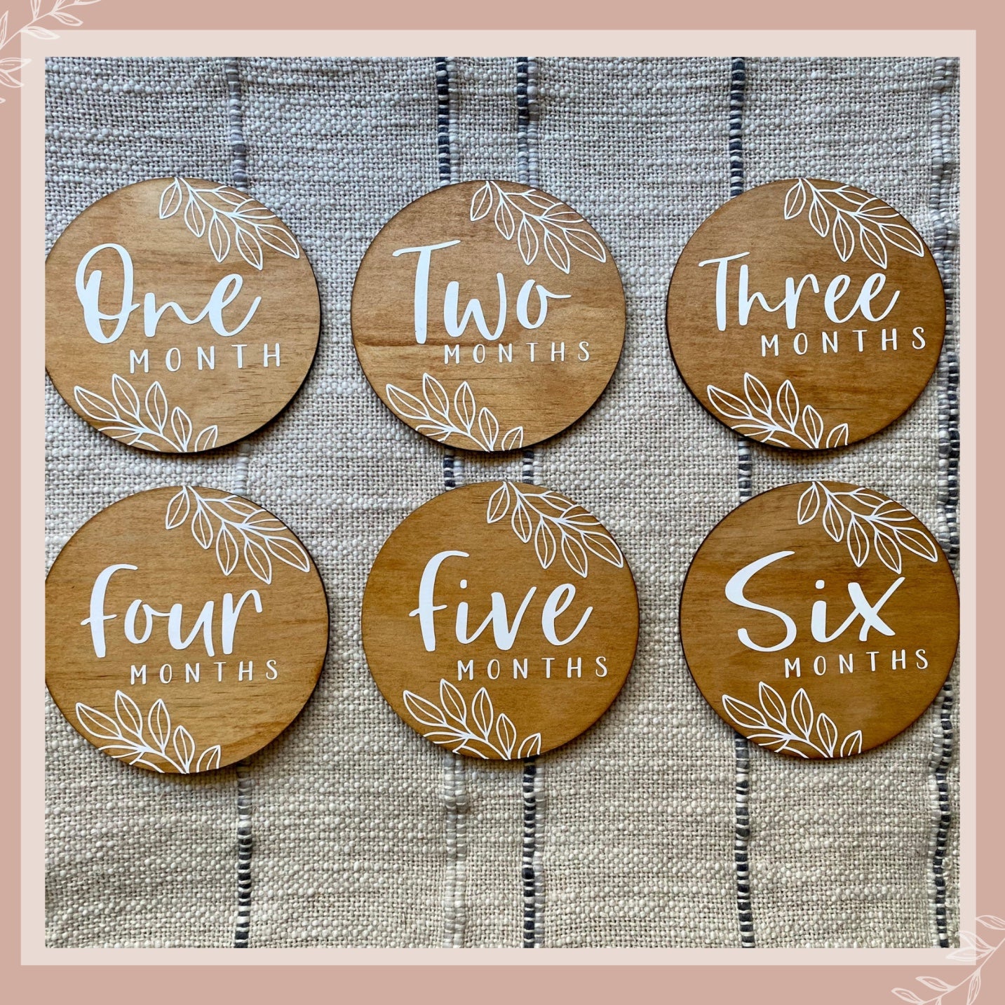 newborn, baby, milestone, wooden disc, floral, announcement plaque, baby announcement plaques, pregnancy, Australia, keepsake, customisable, hello, hello fern, cmc gold, blossom and pear, pretty little designs, wooden milestone cards, wood milestone discs, timber discs